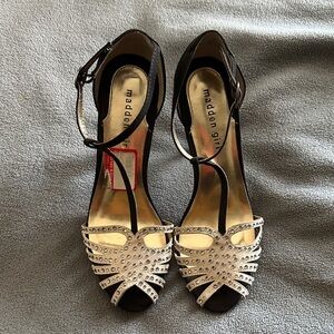 Madden Girl Silver Rhinestone T-Strap Peep Toe Heels